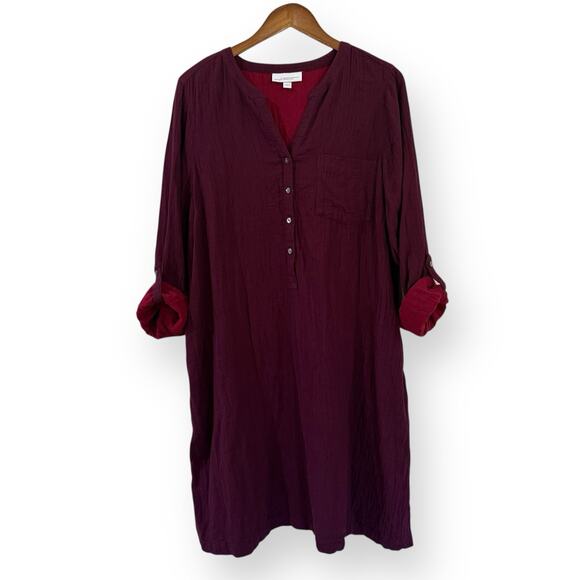 J Jill Pure Jill Color-Block Double-Cloth Dress Size L Burgundy Organic Cotton - Picture 2 of 11
